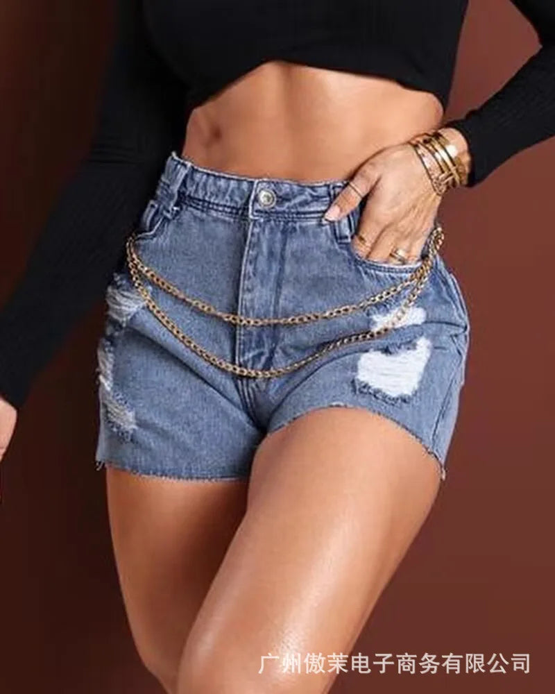 Chain Decor Ripped High Waist Denim Shorts Women Summer Fashion Casual Skinny Hole Short Jeans Boyfriends for Women