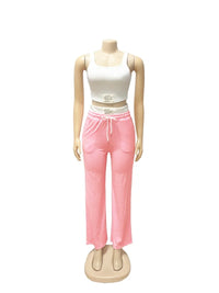 Letter Print Label Color Patchwork 2 Piece Set Women Tracksuits Ribbed Tank Crop Top + Drawstring High Waist Wide Leg Pants Suit