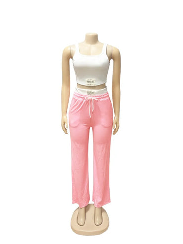 Letter Print Label Color Patchwork 2 Piece Set Women Tracksuits Ribbed Tank Crop Top + Drawstring High Waist Wide Leg Pants Suit