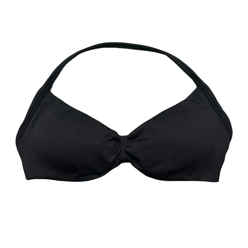 HISTELLO Sports Bra Seamless Halter Thin Strap High Support Scrunch Women Removable Pads Gym Fitness Workout Yoga Clothes