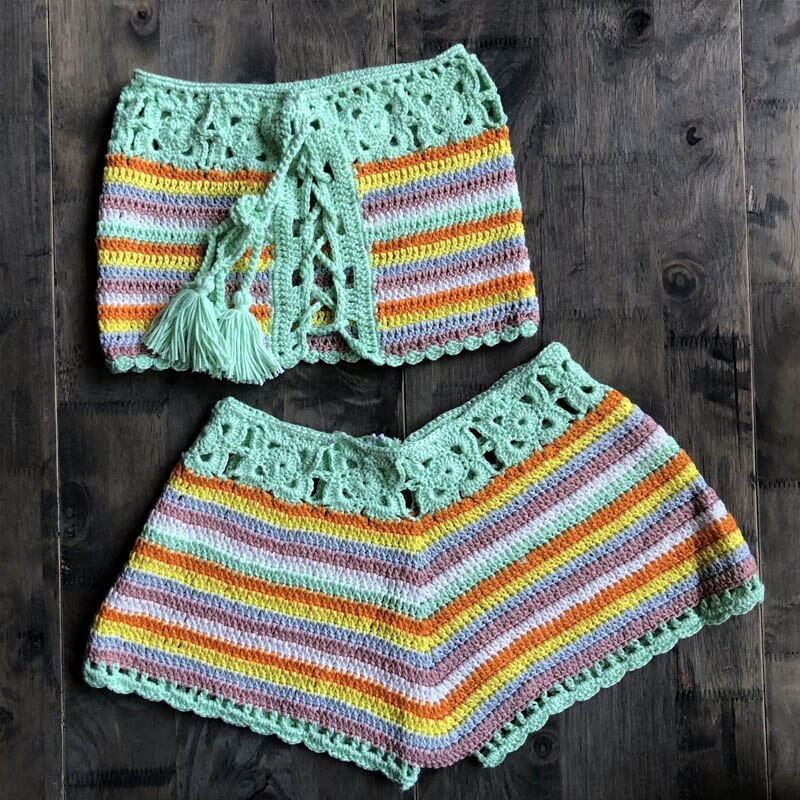 Sexy Colorful Striped Strapless Crochet Tube Crop Top and Skirt Summer Beachwear 2 Piece Set