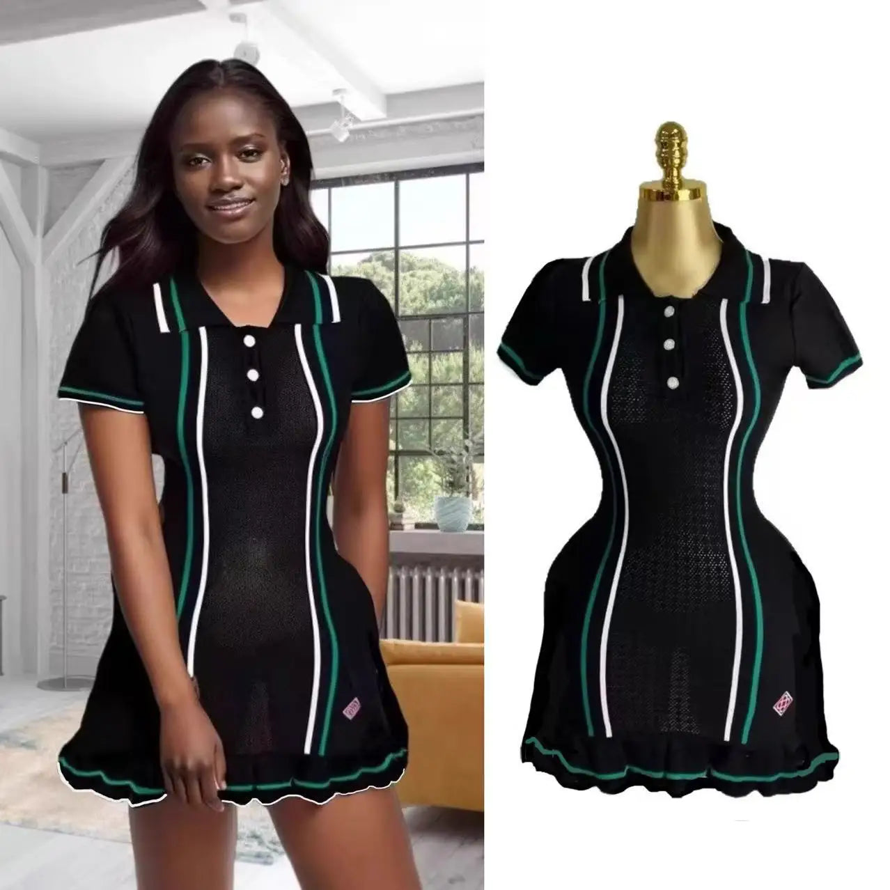 Fashion Sexy Package Hips Knitted Mini Dress 2025 Summer Vintage Turn-down Collar Ruffled Party Dresses For Women Streetrwear
