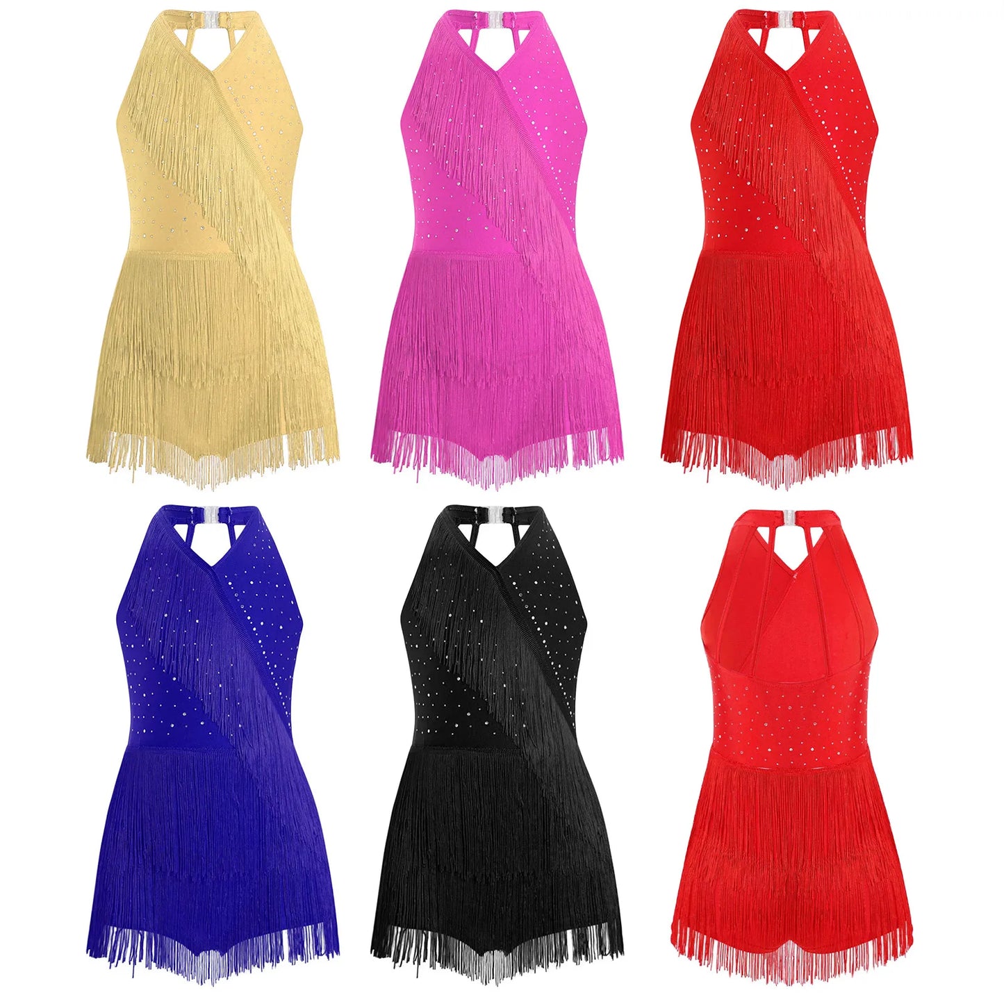 Kids Girls Latin Dance Cha-cha Samba Salsa Costume Rhinestones Fringe Leotard Dress Sleeveless Strappy Back Tassel Jumpsuit