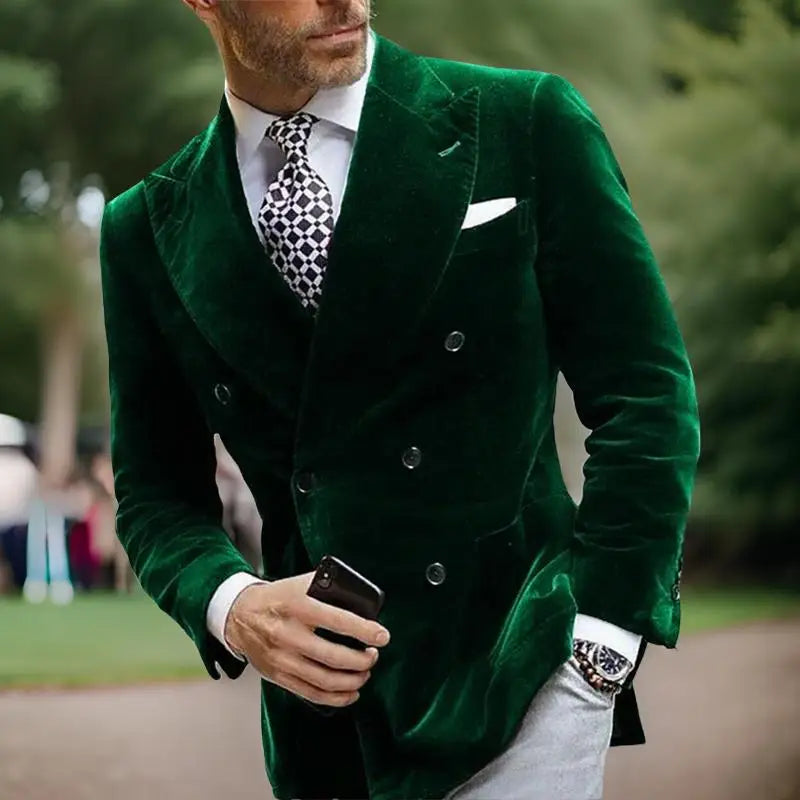 Velvet Double Breasted Blazer for Men Dinner Party Italian Style Smoking Prom Jacket Elegant Jacket for Wedding Party