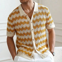 Mens Beach Vintage Striped Crochet Knit Cardigans Men Summer Trendy Lapel Button-up Shirt New Casual Hollow Out Knitted Shirts
