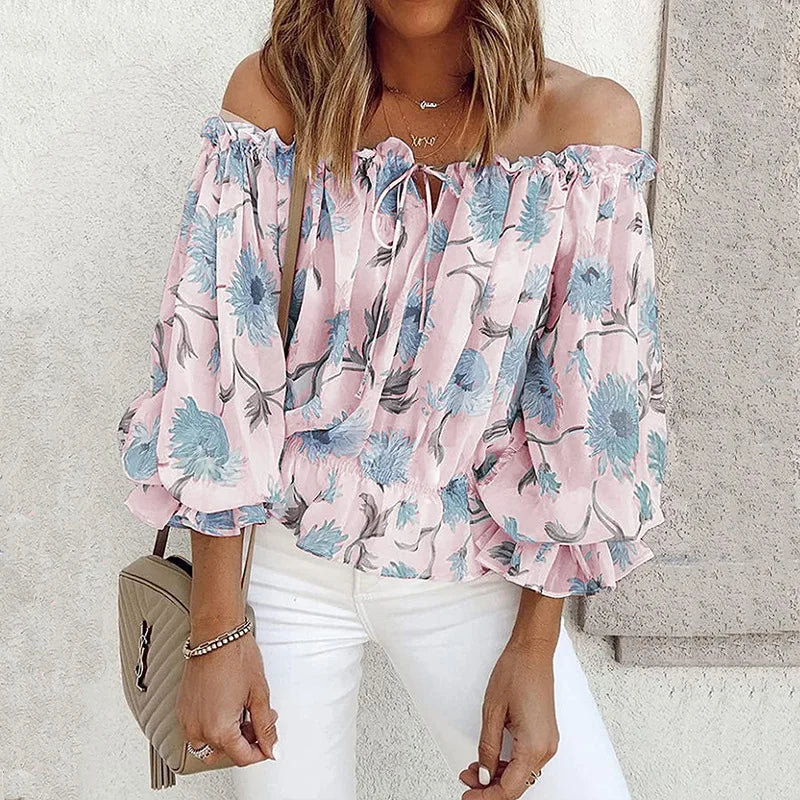 Sexy Women Spring Autumn Ruffles Chiffon Tops Tees Floral  Belt Off Shoulder Casual Femme Blouse Shirt Befree Boho