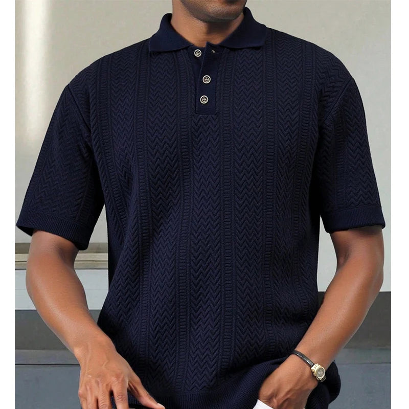 Mens Knit Polo Shirts Short Sleeve Textured Polo Shirt Casual Business Collared Button Shirts