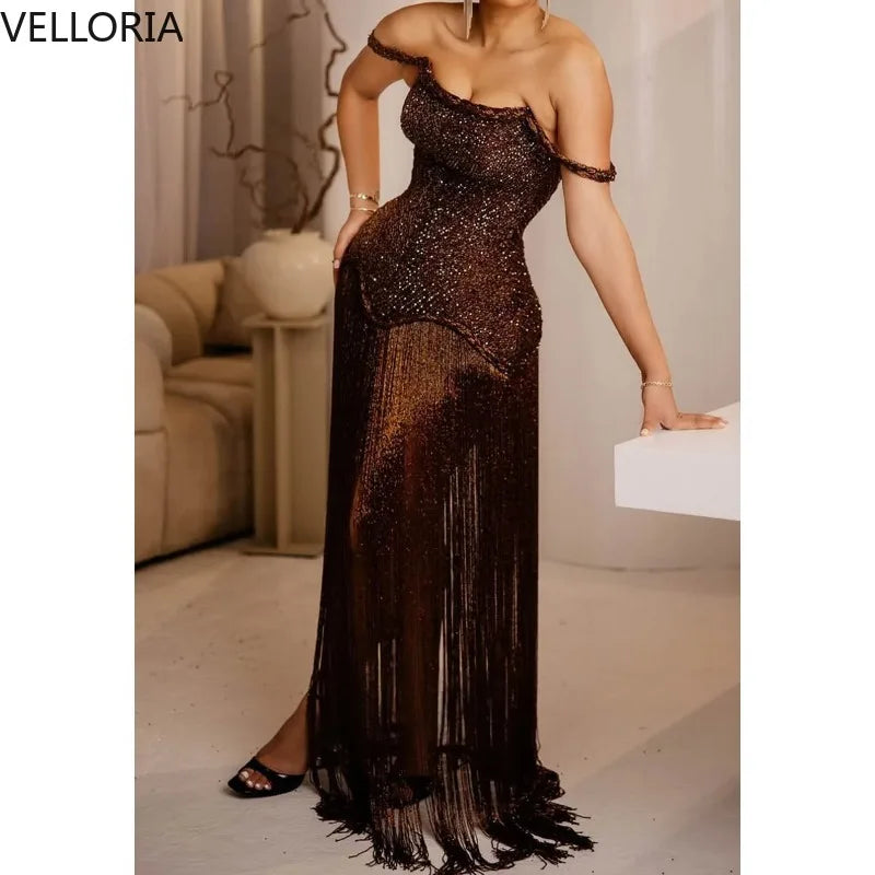 Brown Tassel Evening Dress African Woman Sexy Off-Shoulder Beaded Bustier Prom Gown Elegant Floor-Length Party Dress Customized