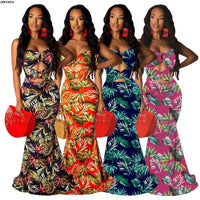 2019 Women New Summer Strapless Cut Out Leaf Print Mermaid Maxi Dress Sexy Club Party Night Floor Length Long Dresses