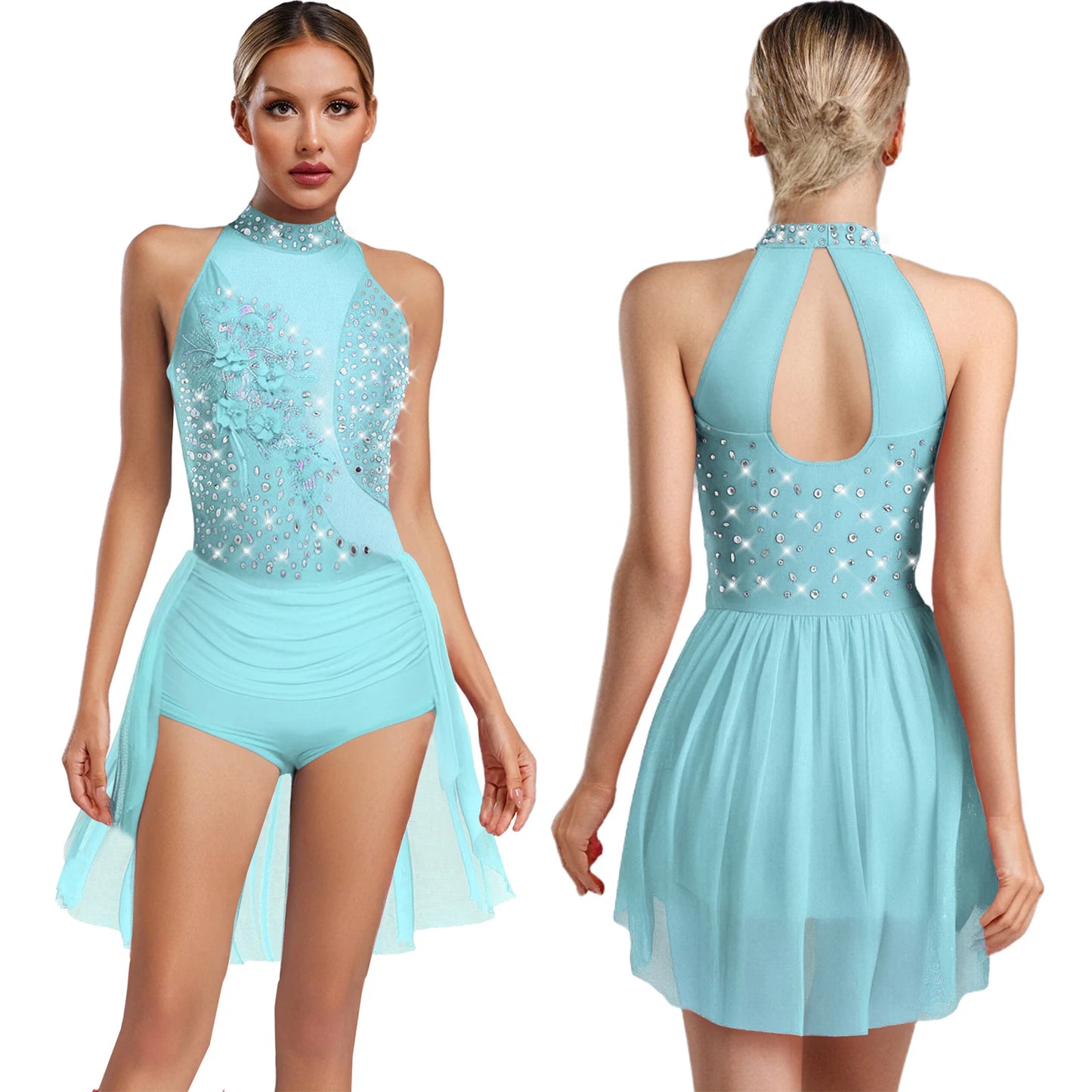 Women Latin Cha-cha Dance Performance Costumes Rhinestone Applique Sleeveless Leotard Skating Ballet Samba Rumba Tango Dancewear