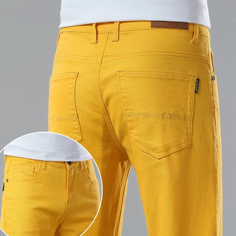 New High Quality Men's Trend Yellow Red White Jeans 2024 Spring Autumn Male High Waist Casual Pants Classic Brand Denim Trousers