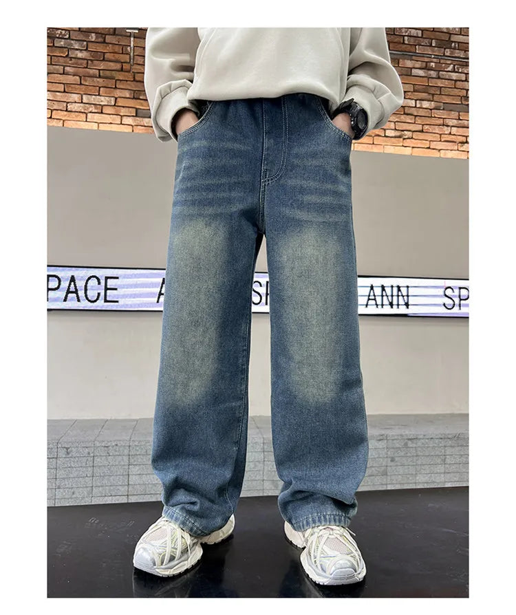 Boys Jeans 2024 Autumn&winter New Teenage Children Plus Fleece Warm Pants Boys Fried Street Handsome Pants Kids Denim Trousers