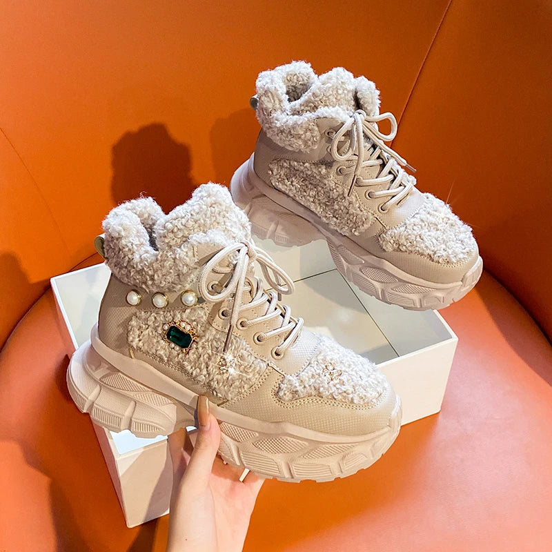 2024 New Winter Fashion Warm Shoes Crystal Metal Decorative Sports Shoes Women's Luxury Velvet Warm Boots zapatos de mujer