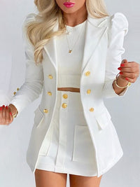 Women's Spring Long Sleeve Solid Color Jacket with Mini Skirt Two-piece Suit Black/White M