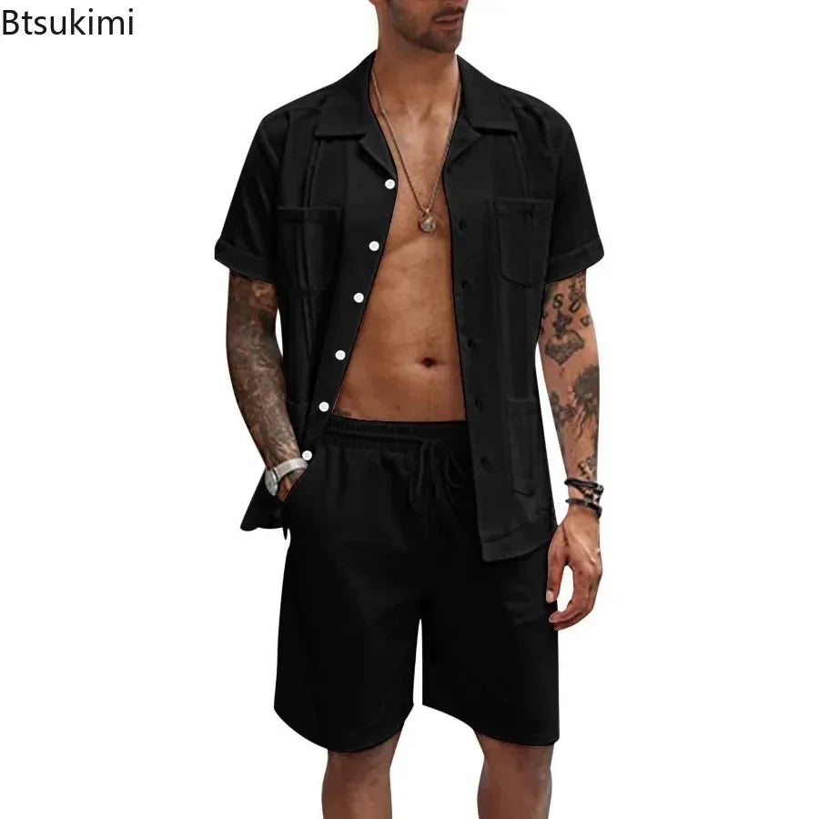 New Men's Summer Casual Sport 2 Piece Sets Fashion Cotton Linen Short Sleeve Shirt and Shorts Suit Men Loose Sport Shirt Outfits