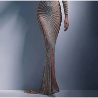 Women Sexy Mesh Sequins Split Fishtail Dresses Female V-Neck Long Sleeve Maxi Dress Summer Elegant Lady Party Evening Long Dress