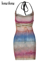 Hawthaw Women Summer Sleeveless Halter Striped Printed See Through Party Mini Dress Sundress 2021 Female Clothing Streetwear