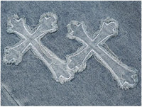 Men's street style loose jeans with vintage cross design, hip-hop trend wide leg pants, casual straight leg denim pants