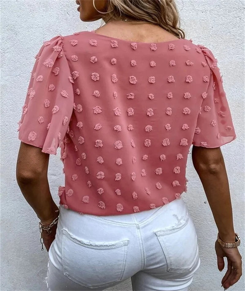 Spring and summer fashion pure color shirt new style woven jacquard ball casual short-sleeved t-shirt