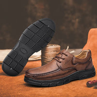 CLOHOO Men's Handmade Thick Rubber Bottom Breathable Casual Leather Shoes Classic Sewn Loafers Comfortable Leisure Footwear