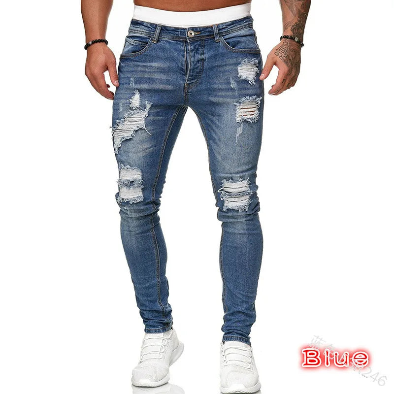 2023 Fashion Street Style Ripped Skinny Jeans Men Vintage wash Solid Denim Trouser Mens Casual Slim fit Black Blue denim Pants