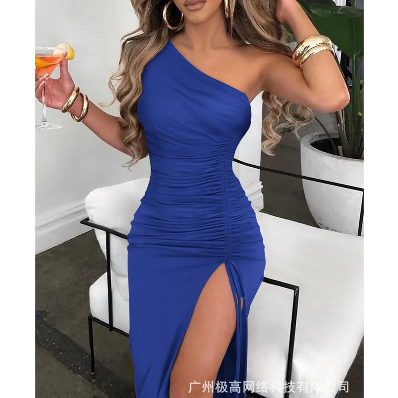 Dress for Women Sexy Solid Elegant Evening Party Split Dress One Shoulder Off-Shoulder Backless Slash Neck Slim Pleated Dress