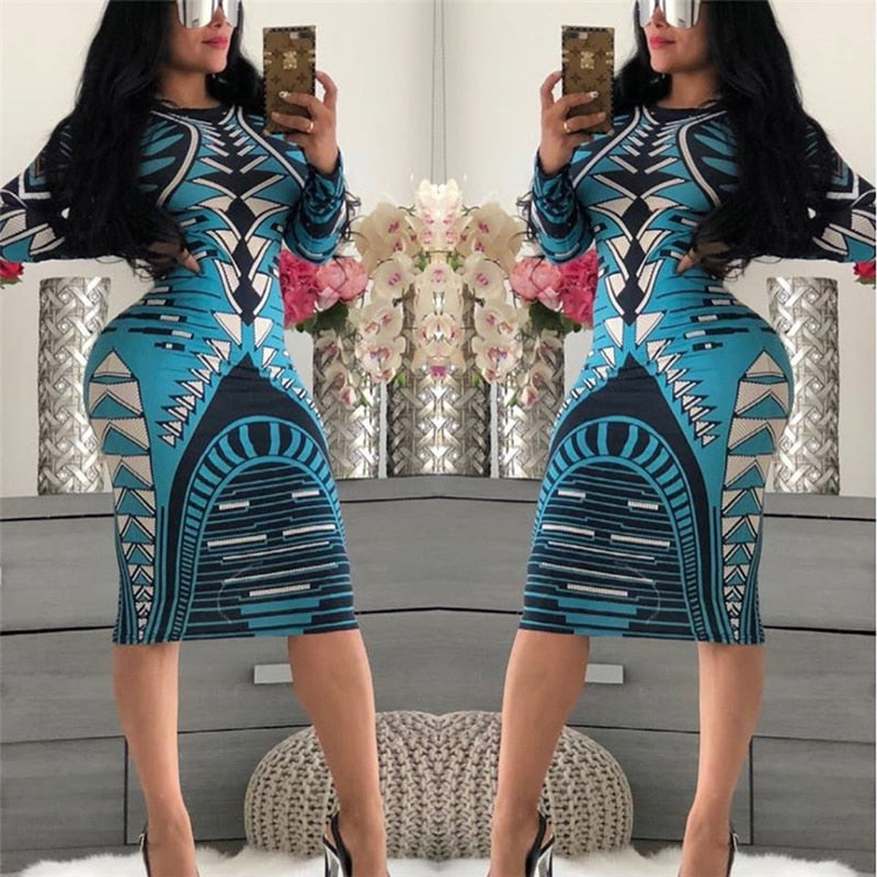 Women Spring Summer Sexy Print Bodycon Dress Long Sleeve Knee-length Casual Vintage Dress Elegant Slim Midi Party Dress Vestidos