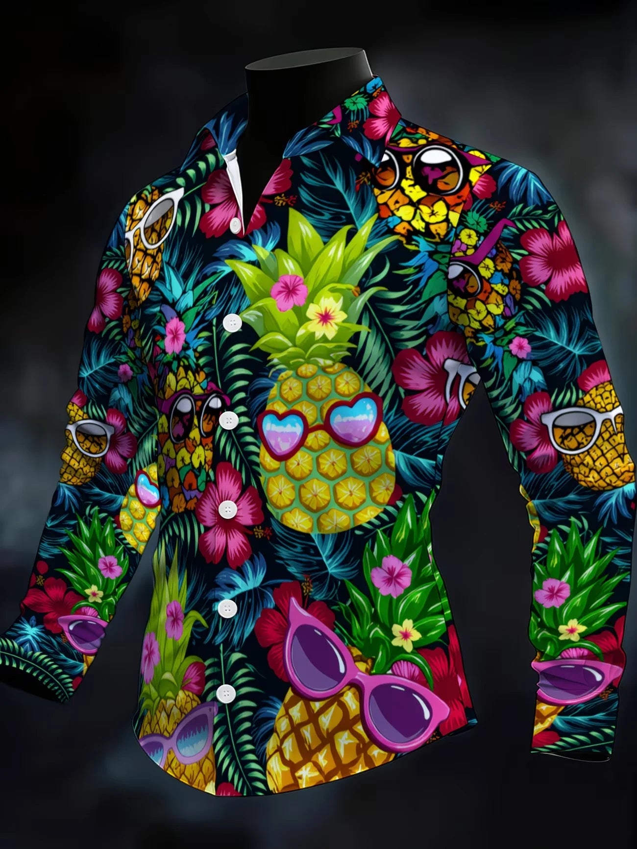 New Hawaiian Pineapple Sunglasses 3D Printed Men's Long Sleeve Shirt with Collar and Vacation Style Shirt Clothing