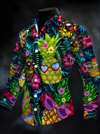 New Hawaiian Pineapple Sunglasses 3D Printed Men's Long Sleeve Shirt with Collar and Vacation Style Shirt Clothing