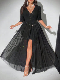 New Plus Size Sexy Deep V-Neck Mesh sequins A-line Hem Stitching Lining Dress Retro Flared Sleeve High Slit Skirt Evening Dress