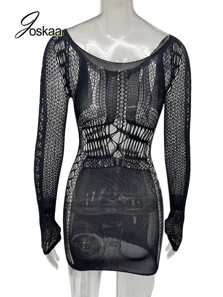 Joskaa Hollow Out Summer Dresses Casual Women 2022 Fashion Beach Strench See Through Sexy Design Underwear Clubwear Dress