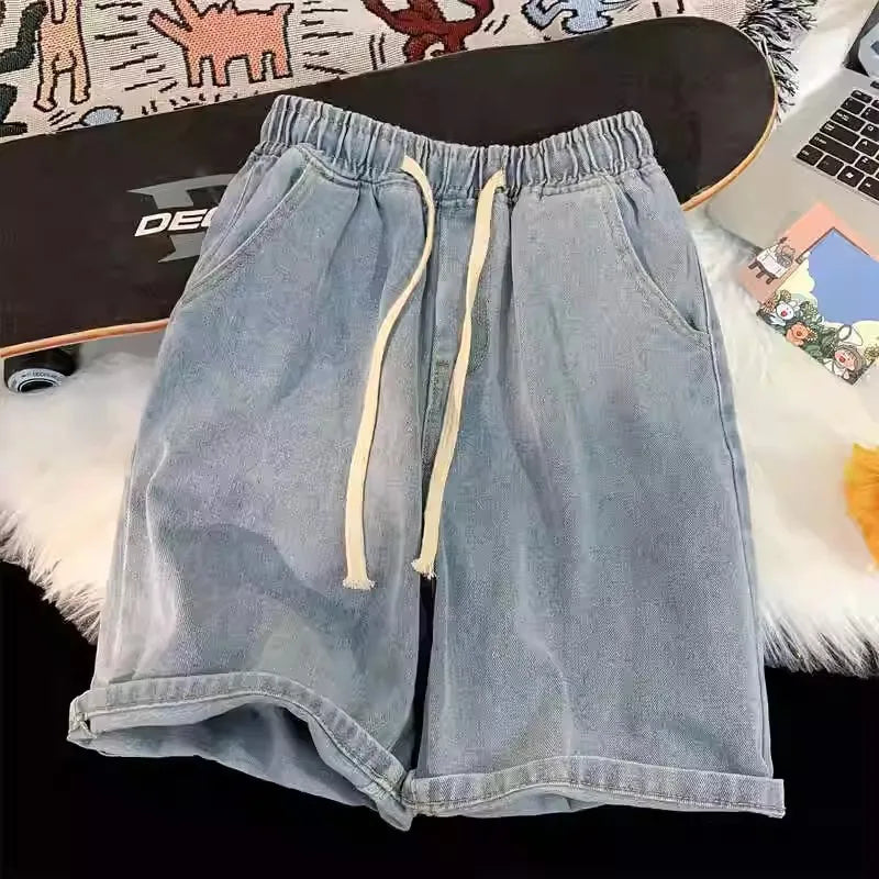 Mens Summer Denim Shorts Loose Fit American Style Casual Washed Elastic Waist Straight Leg Mid Length Shorts
