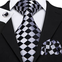 Barry.Wang Plaid Silk Men Tie Hanky Cufflinks Set Checked Jacquard Necktie for Male Formal Casual Wedding Business Party Events