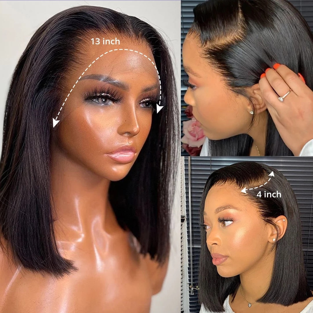 Straight Bob Wig Short Bob Lace Front Human Hair Wig For Black Women Bone Straight 180% Density Brazilian Hair with 4X4 Closure