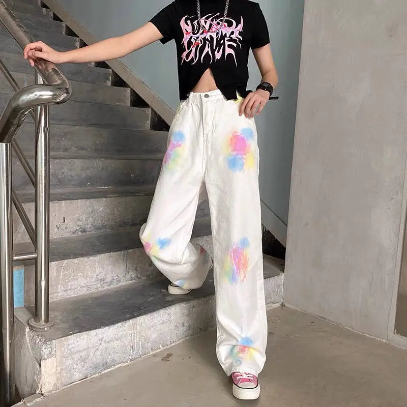 Baggy Jeans Y2k Wide Jeans for Women Trend Tie Dye Straight Printed Women's Summer Trousers Vintage Hippie Denim Pants Patchwork