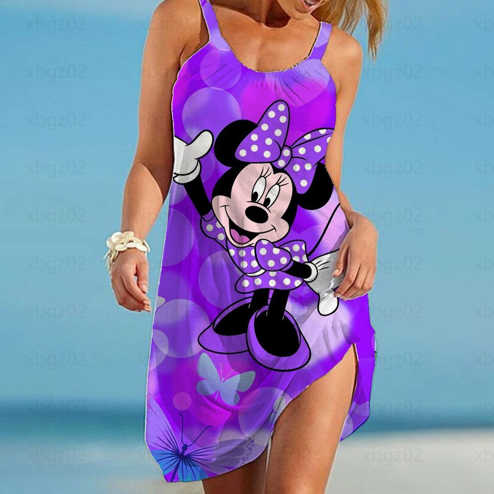 Elegant Dresses for Women Sexy 2022 Minnie Mouse Women&#39;s Dress Sling Summer Woman Beach Boho Disney Loose Print Mickey Fashion