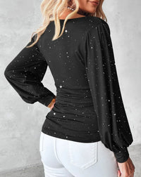 Elegant Red Sequin Blouse with Long Sleeves and Ruched Waist - Polyester Knit Fabric  Perfect for Spring/Summer/Fall  Stylish Bl
