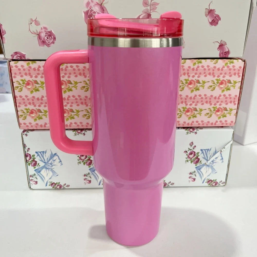Stainless Steel Vacuum Insulated Car Cup with Dual Straw Lid, Thermal Icy Travel Handle 40oz New