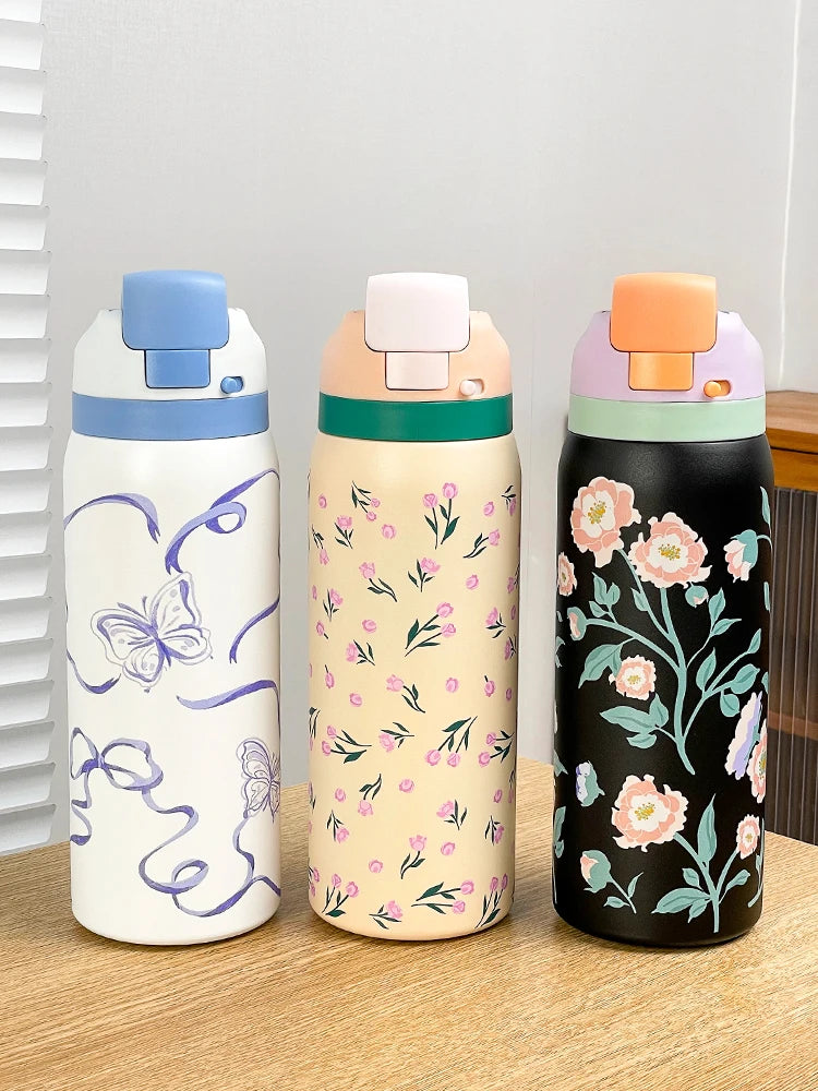 34oz Stylish Stainless Steel Water Bottle - Trendy Floral Two-Tone Design, 24Hr Hot/Cold Insulated, Leakproof Sport Lid & Handle