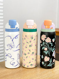 34oz Stylish Stainless Steel Water Bottle - Trendy Floral Two-Tone Design, 24Hr Hot/Cold Insulated, Leakproof Sport Lid & Handle