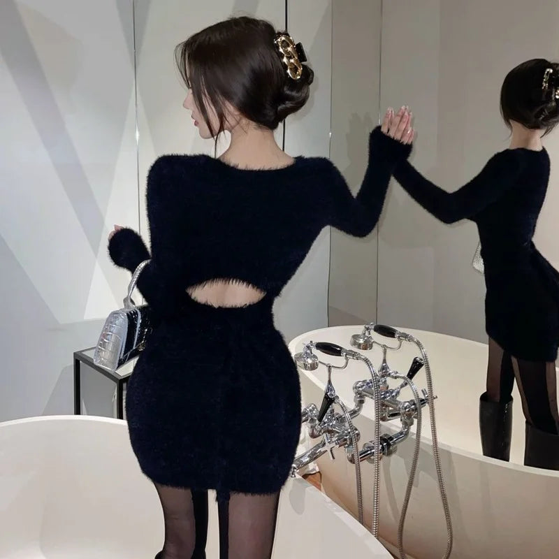 Long Sleeve Dress Women Solid Hollow Out Fashion Sexy All-match New Cozy Slender Daily Ulzzang Casual Winter Warm Clubwear Ins