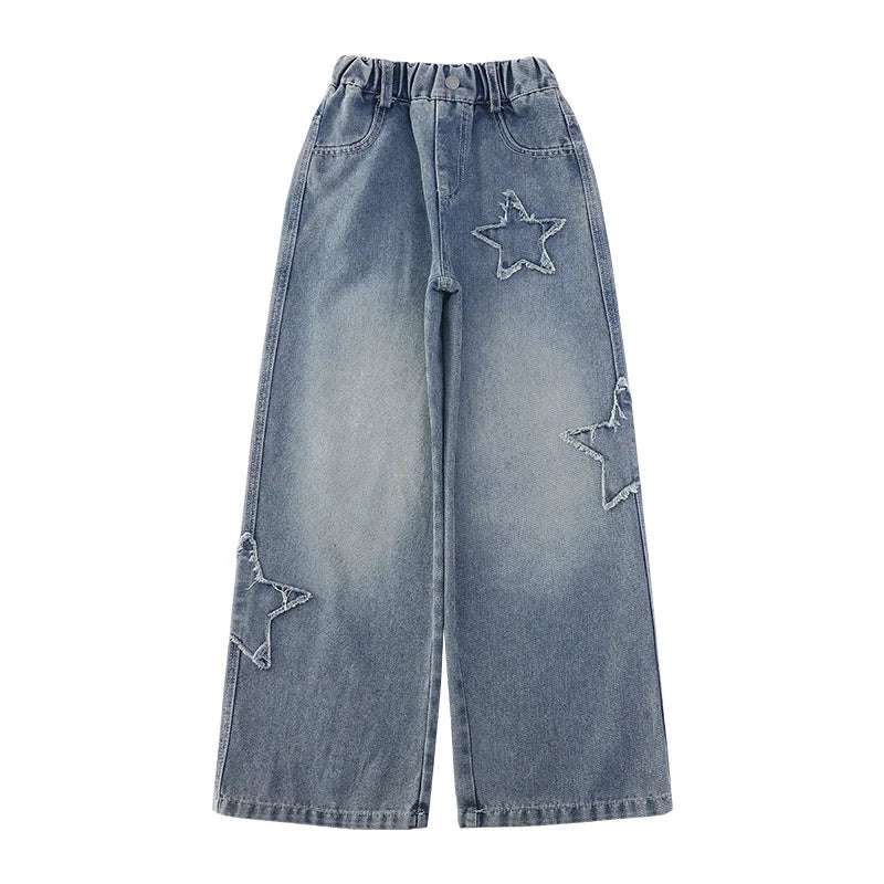 Girls Jeans 2025 Spring Autumn New Fashion Star Pattern Casual Denim Pants School Kids Trendy Teenage Children's Trousers 5-14T