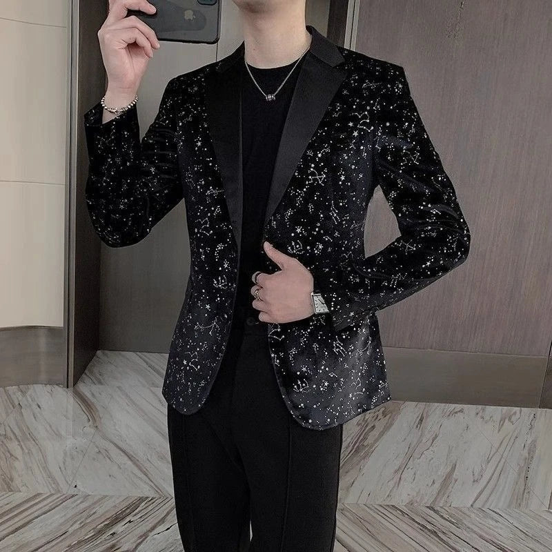 Black Male Blazer High Quality Single Models Menswear Coat Elegant Original Gentleman Simple Breasted Sequin Men's Suit Jackets