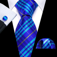 Barry.Wang Plaid Silk Men Tie Hanky Cufflinks Set Checked Jacquard Necktie for Male Formal Casual Wedding Business Party Events