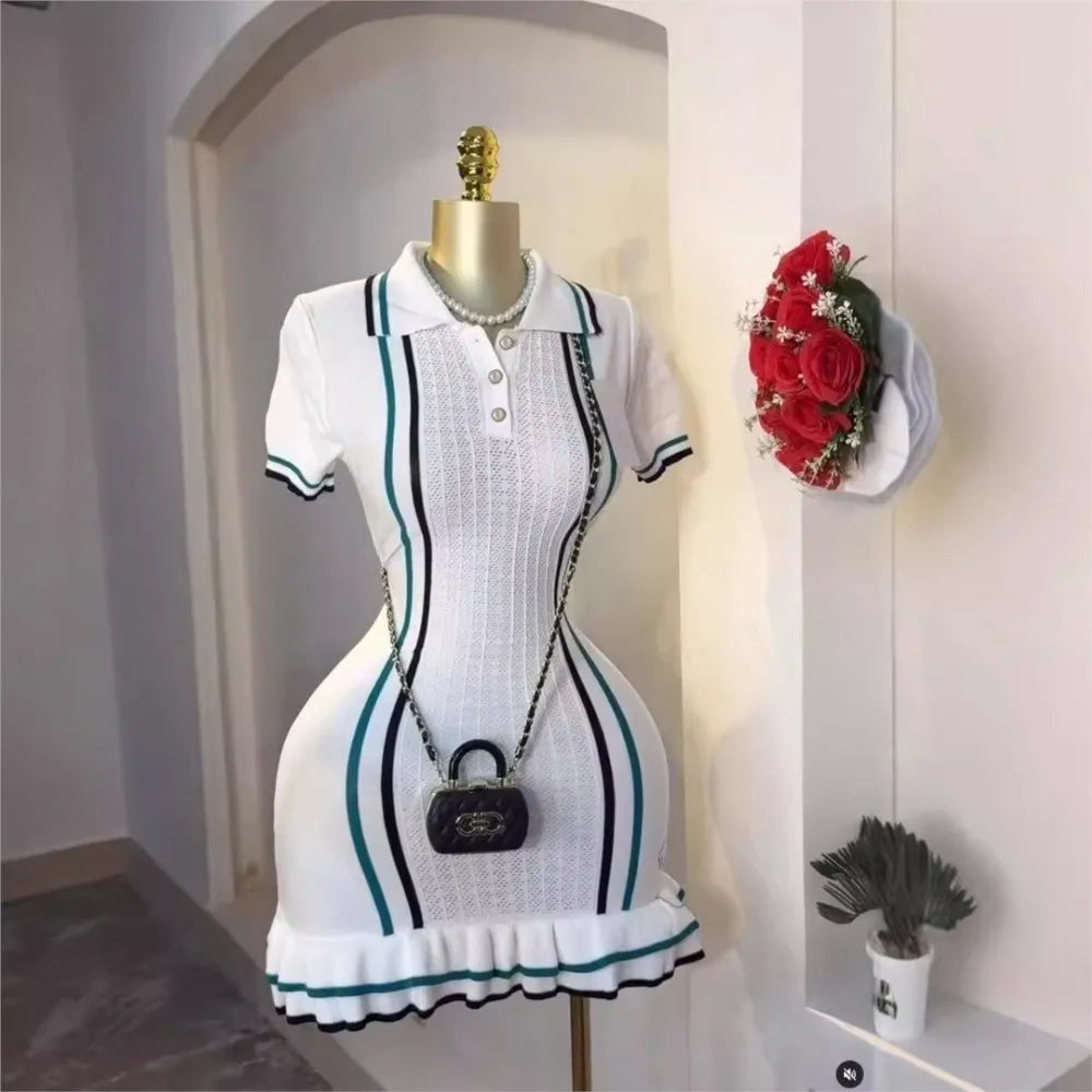 Fashion Sexy Package Hips Knitted Mini Dress 2025 Summer Vintage Turn-down Collar Ruffled Party Dresses For Women Streetrwear