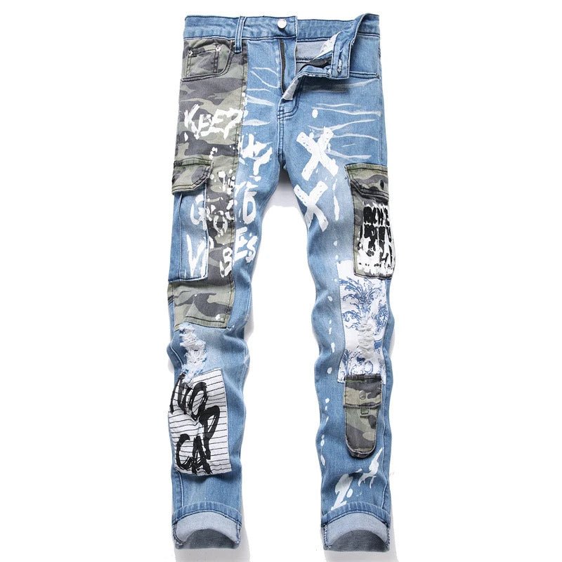 New 2024 Fashion Camouflage Matching Color Jeans Mid-Waist Hole Three-Dimensional Pocket Men's Printed Casual Pants