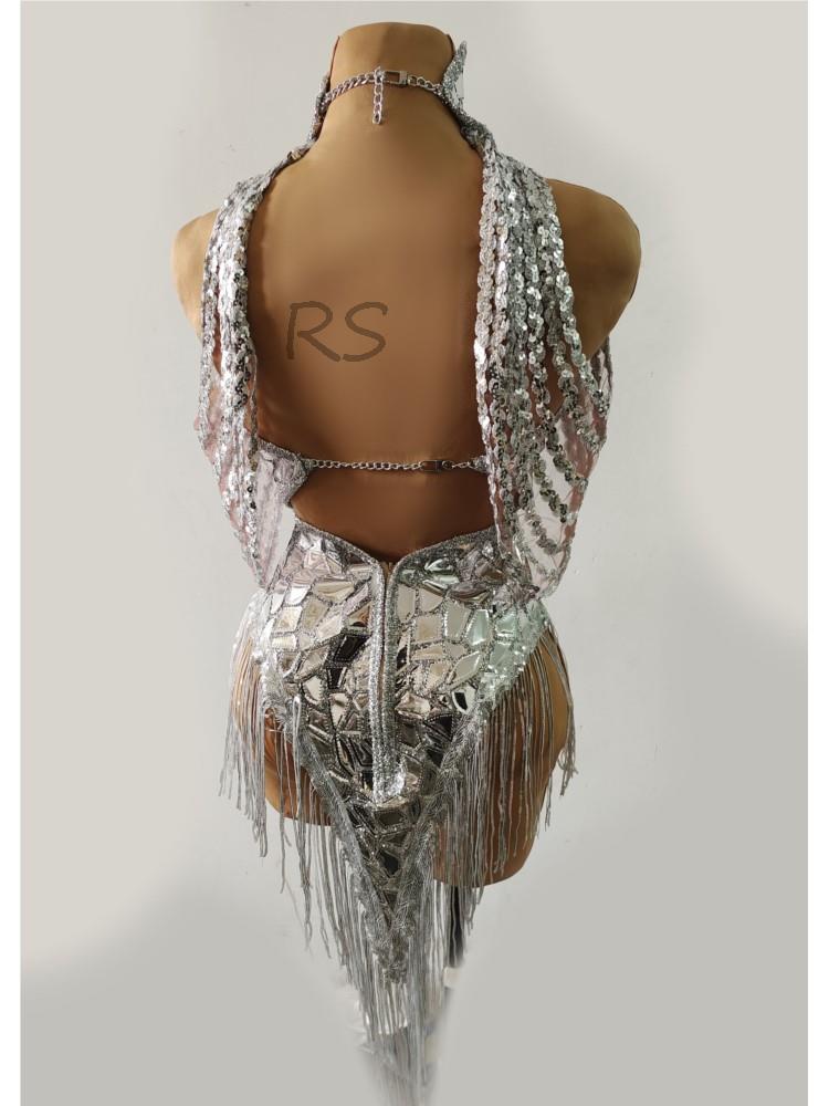 Rhinestone Sparkly Silver Sequins Leotard Bling Sexy Dance Fringes Bodysuit Costume Birthday Singer Stage Wear