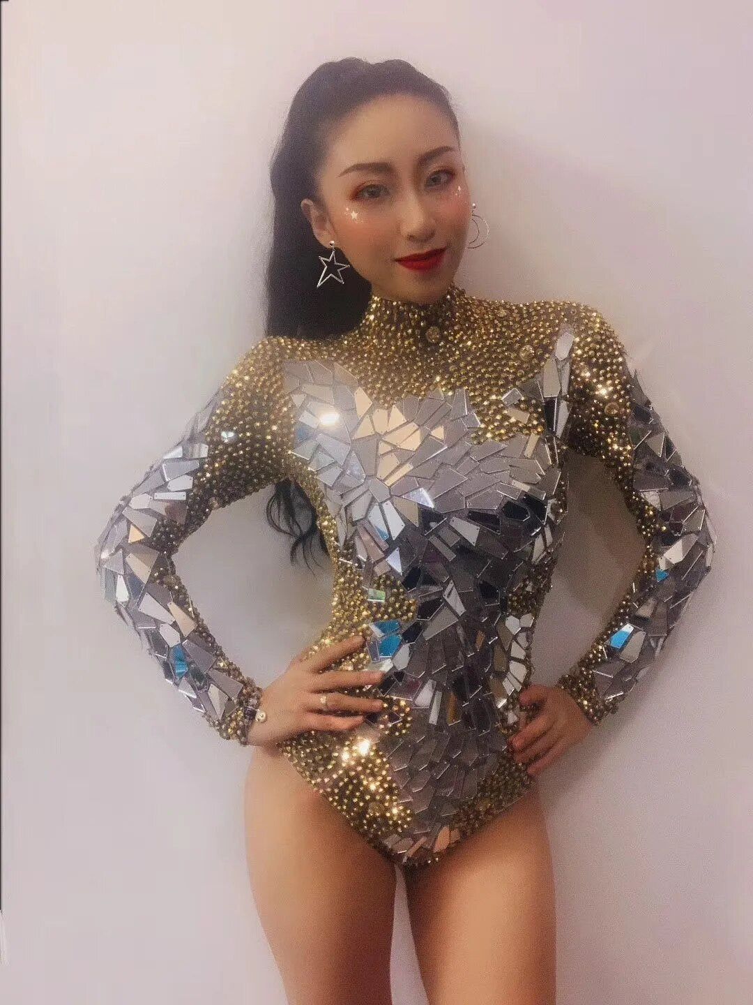 Sparkly Gold Rhinestones Mirrors Shining Bodysuit Women Birthday Celebrity Prom Party Outfit Singer Stage Rompers Dance Costume