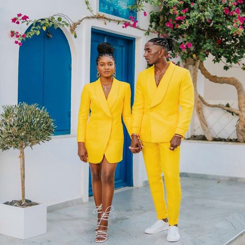 Men's Suit 2 Piece Groom Wedding Tuxedo Formal Yellow Pant Suit Solid Color Summer Casual Party Dress