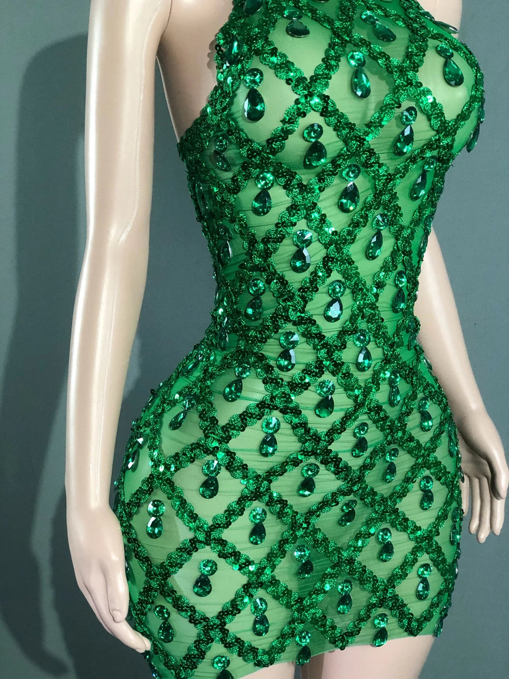 Sparkly Rhinestones Short Dress for Women Sexy Mesh Transparent Celebrate Evening Prom Event Birthday Dress Photo Shoot Wear